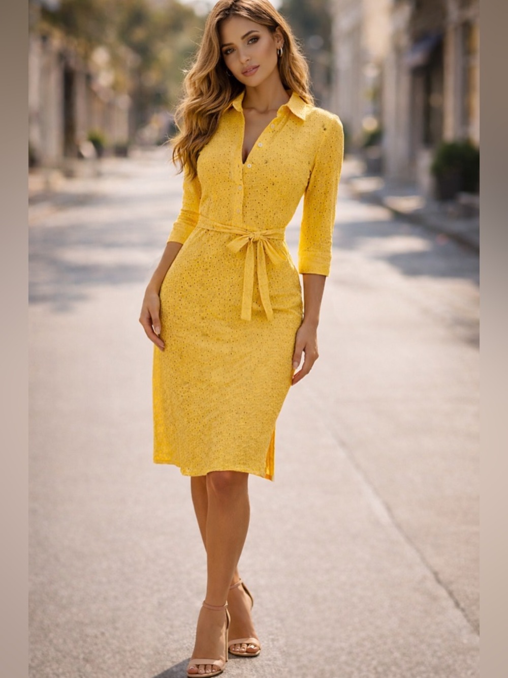 Sunny Yellow Eyelet Tie Waist Dress ☀️ Chic Fitted Shirt Dress Size 4